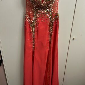 Stunning Coral Gown with Gold Embellishments